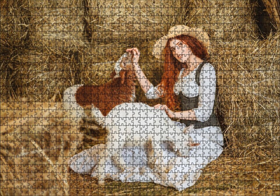 Samanlıktaki Genç Kız Oğlaklar Görseli Puzzle Yapboz MDF Ahşap 1000 Parça 49 cm X 68 cm