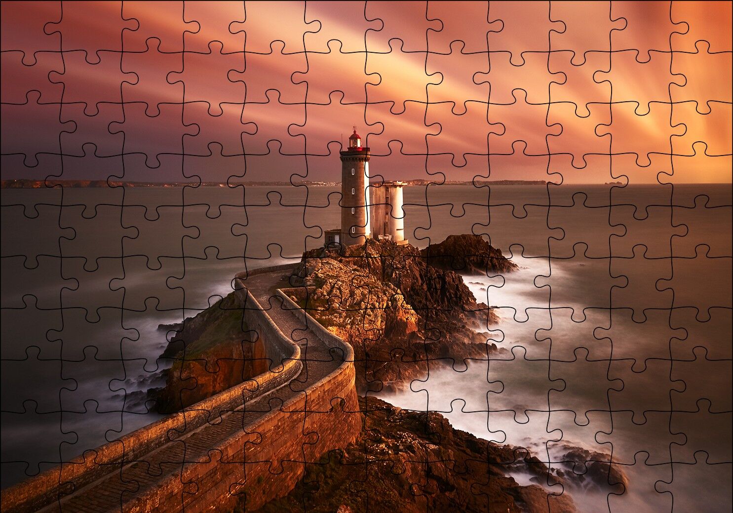 Günbatımında Kayalıklar ve Deniz Feneri Puzzle Yapboz MDF Ahşap