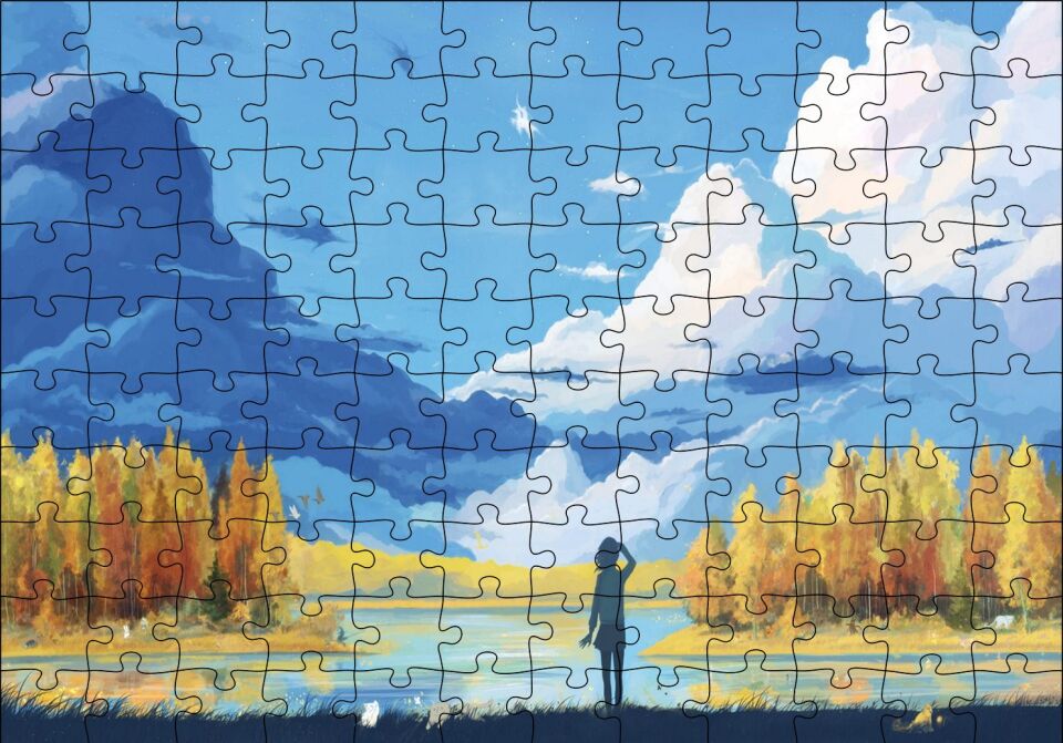 Sonbahar Ağaçları Bulutlar Göl ve Kız Yağlı Boya Puzzle Yapboz MDF Ahşap 120 Parça 24 cm X 34 cm