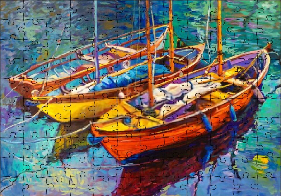 Boyama Sanatı Demirleyen Tekneler Görseli Puzzle Yapboz MDF Ahşap 120 Parça 24 cm X 34 cm