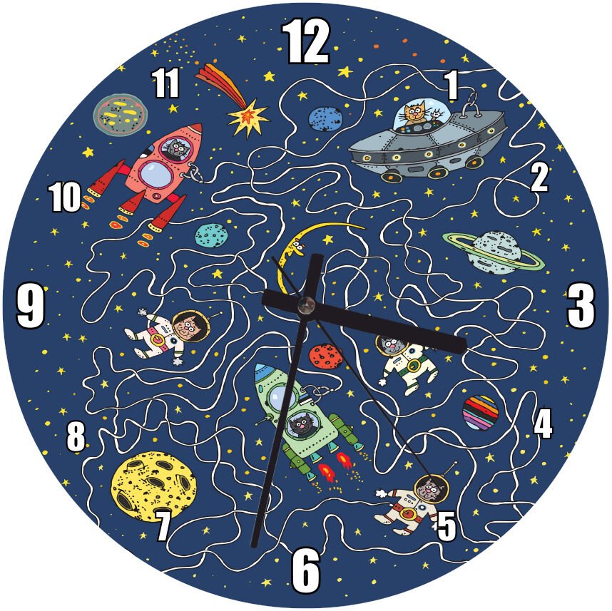 Astronomik Kediler ve Gökcisimleri  Mdf Ahşap Duvar Saati 30 cm Çap