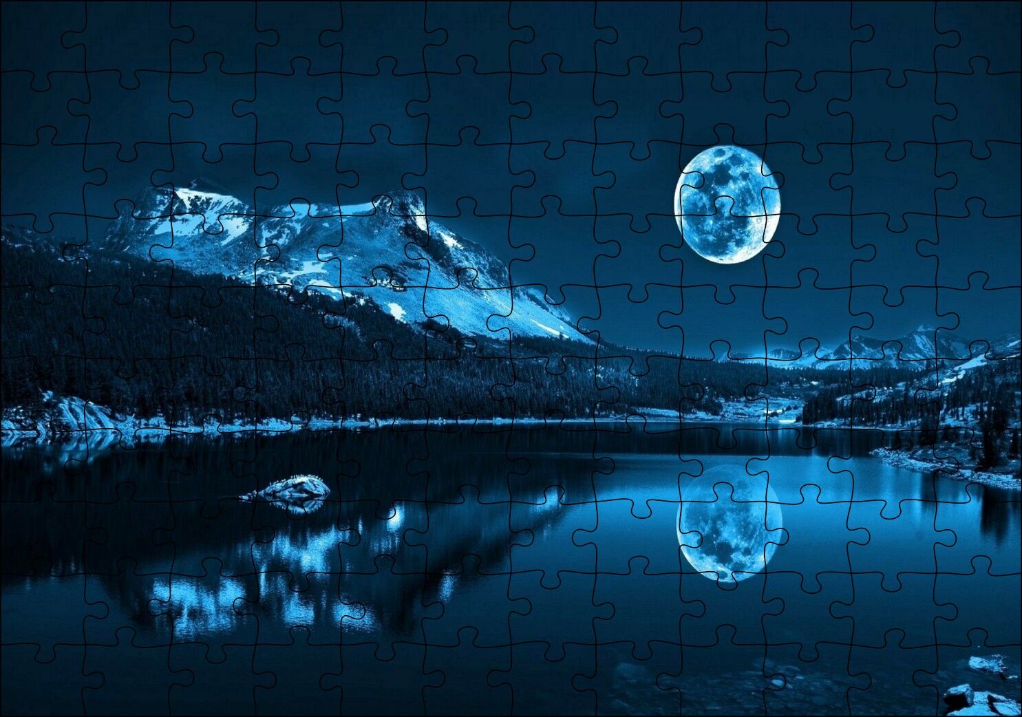 Karlı Dağ, Orman, Göl ve Süper Ay Puzzle Yapboz MDF Ahşap