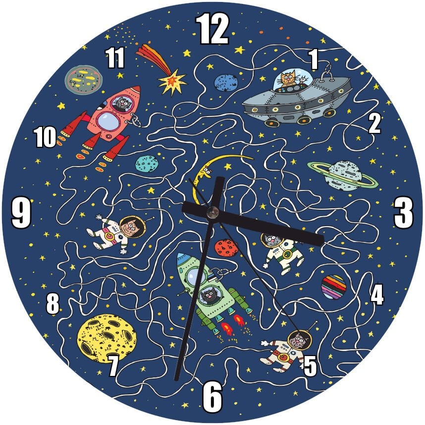 Astronomik Kediler ve Gökcisimleri  Mdf Ahşap Duvar Saati 50 cm Çap