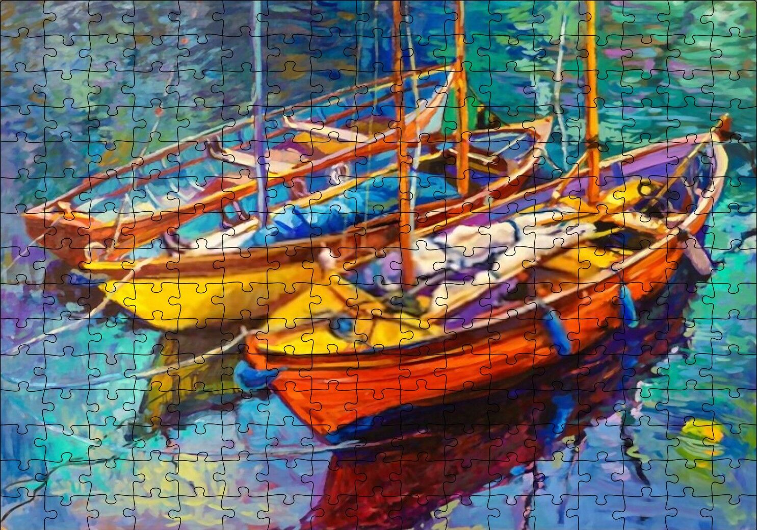 Boyama Sanatı Demirleyen Tekneler Görseli Puzzle Yapboz MDF Ahşap 255 Parça 34 cm X 49 cm
