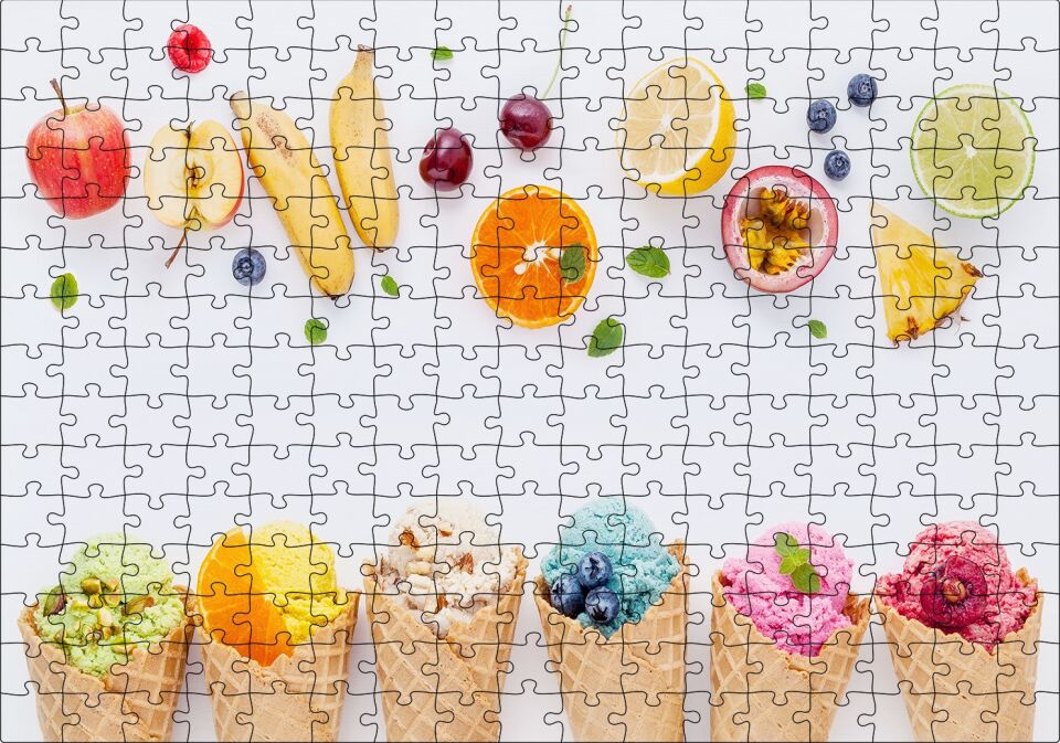 Kornetlerde Mevveli Dondurmalar Beyaz Zemin Puzzle Yapboz MDF Ahşap 255 Parça 34 cm X 49 cm