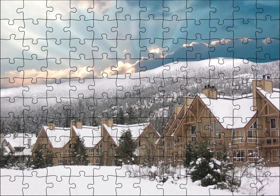 Karlı Tepeler ve Bulutların Ardındaki Güneş Puzzle Yapboz MDF Ahşap