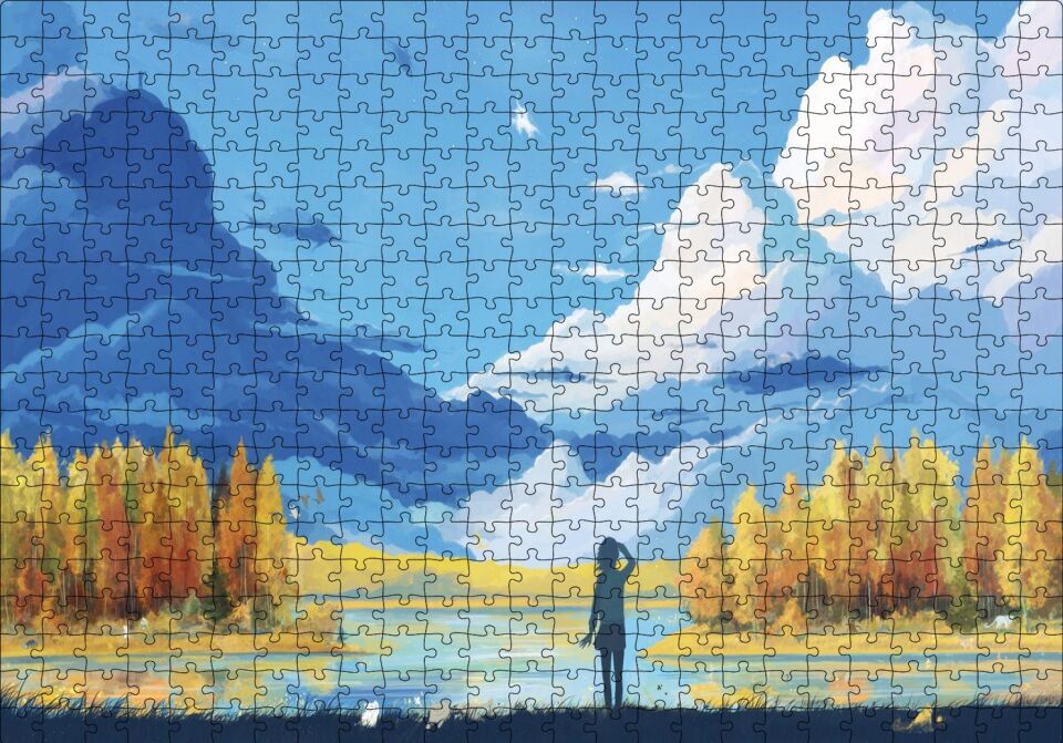 Sonbahar Ağaçları Bulutlar Göl ve Kız Yağlı Boya Puzzle Yapboz MDF Ahşap 500 Parça 49 cm X 68 cm
