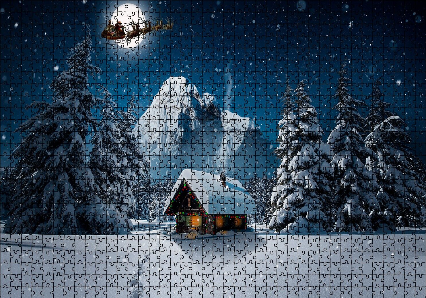 Kulübe Karlı Dağ Geyikler ve Noel Baba Puzzle Yapboz MDF Ahşap 1000 Parça 49 cm X 68 cm