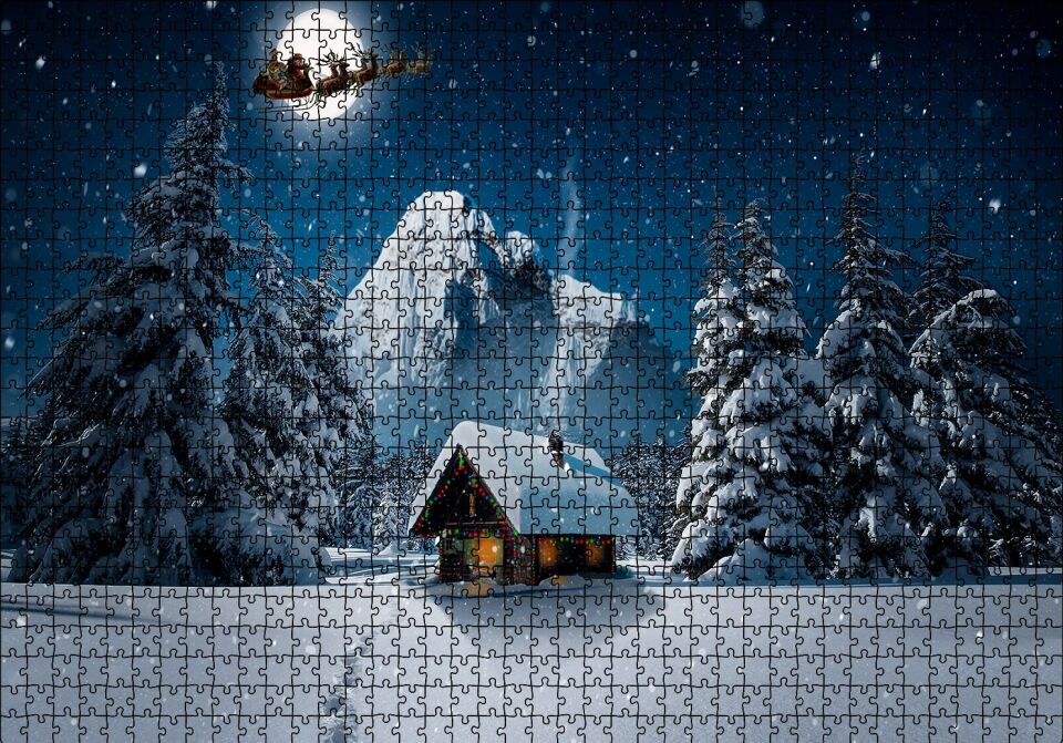 Kulübe Karlı Dağ Geyikler ve Noel Baba Puzzle Yapboz MDF Ahşap 1000 Parça 49 cm X 68 cm