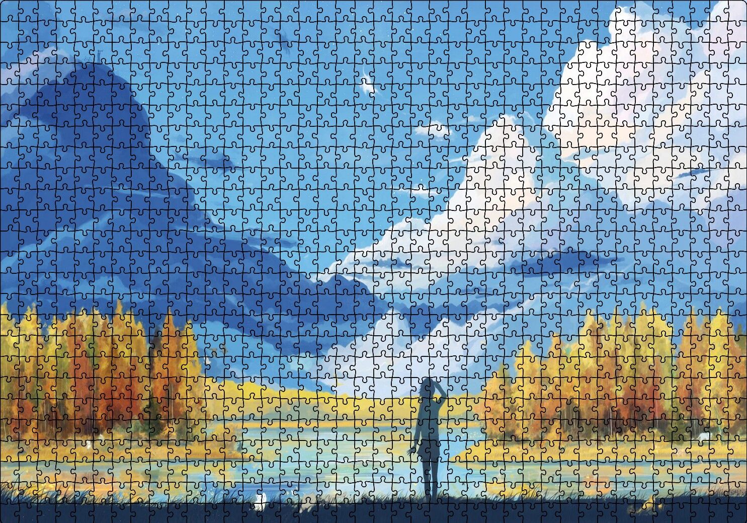 Sonbahar Ağaçları Bulutlar Göl ve Kız Yağlı Boya Puzzle Yapboz MDF Ahşap 1000 Parça 49 cm X 68 cm