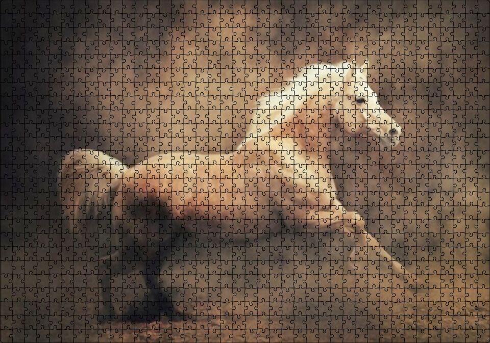 Sarı Renk Koşan At Görseli Puzzle Yapboz MDF Ahşap 1000 Parça 49 cm X 68 cm