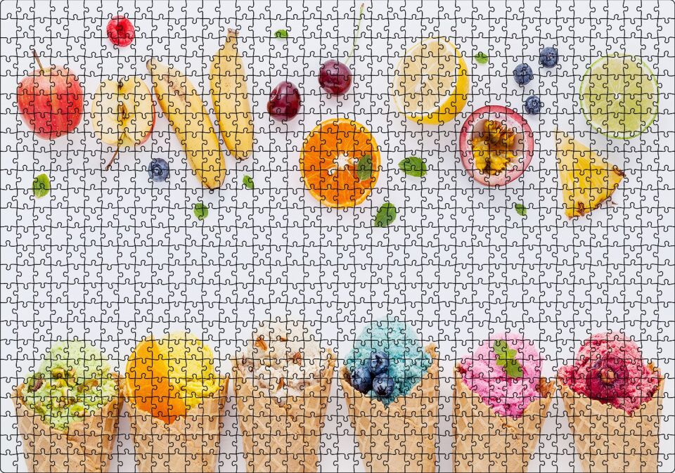 Kornetlerde Mevveli Dondurmalar Beyaz Zemin Puzzle Yapboz MDF Ahşap 1000 Parça 49 cm X 68 cm