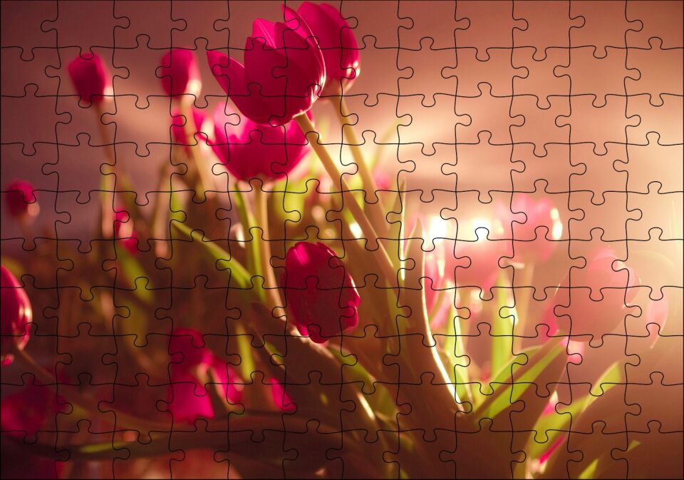 Kırmızı Laleler ve Güneş Işıkları Puzzle Yapboz MDF Ahşap