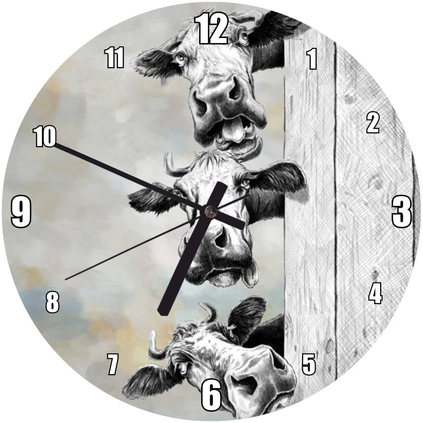 Anlamlı Bakışlı Üç İnek Görseli Mdf Ahşap Duvar Saati