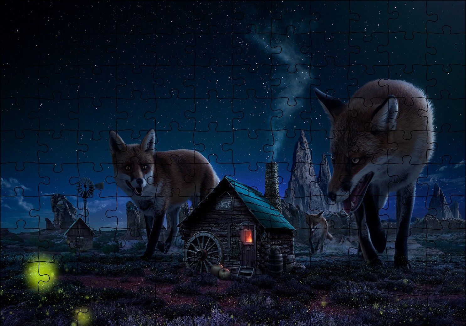 Kulübe ve Etrafında Dev Tilkiler Puzzle Yapboz MDF Ahşap 120 Parça 24 cm X 34 cm