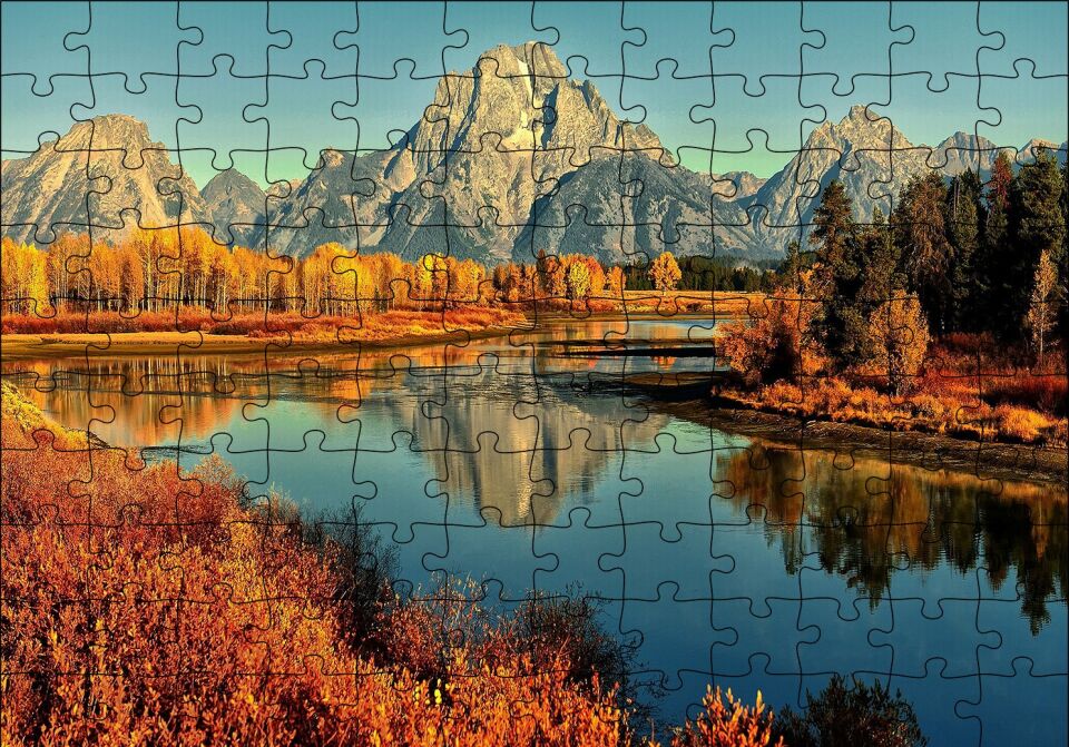 Sonbahar Renkleri, Nehir ve Çıplak Dağlar Puzzle Yapboz MDF Ahşap 120 Parça 24 cm X 34 cm