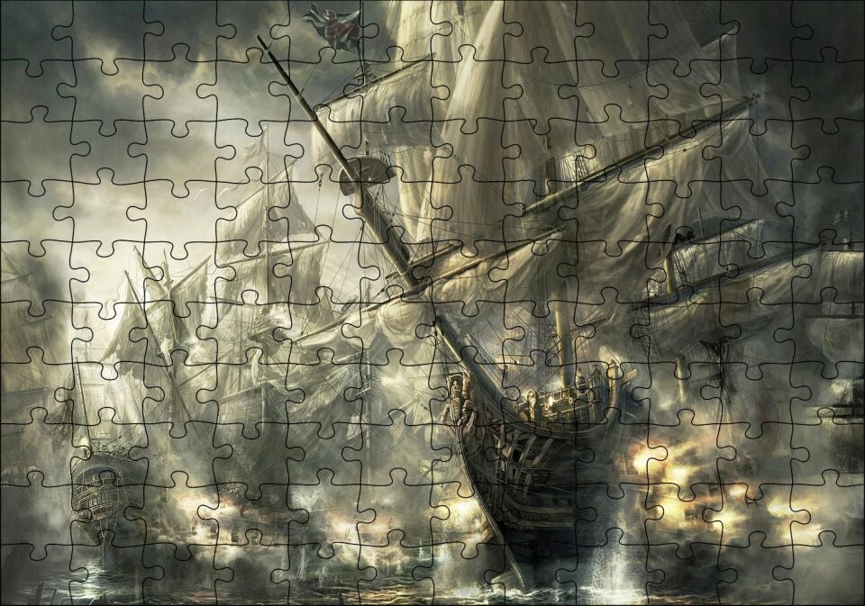 Yelkenli Gemiler İle Deniz Savaşı Çizim Görseli Puzzle Yapboz MDF Ahşap