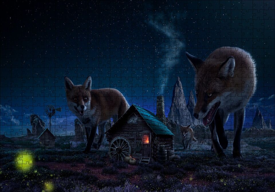 Kulübe ve Etrafında Dev Tilkiler Puzzle Yapboz MDF Ahşap 500 Parça 49 cm X 68 cm