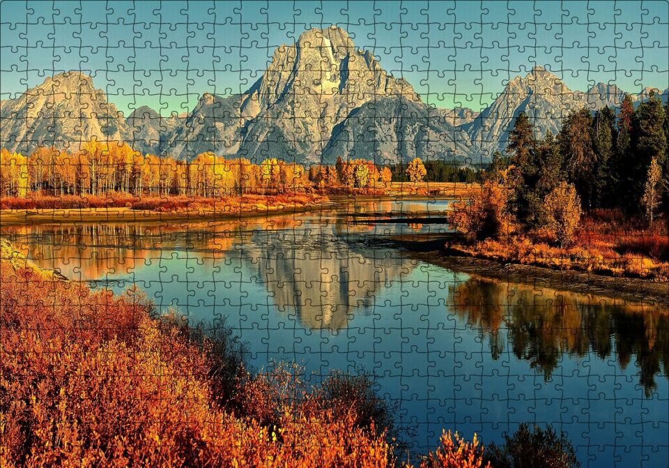 Sonbahar Renkleri, Nehir ve Çıplak Dağlar Puzzle Yapboz MDF Ahşap 500 Parça 49 cm X 68 cm