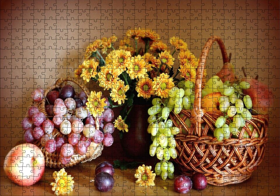 Sepette Meyvalar Vazoda Çiçek Görseli Puzzle Yapboz MDF Ahşap 500 Parça 49 cm X 68 cm