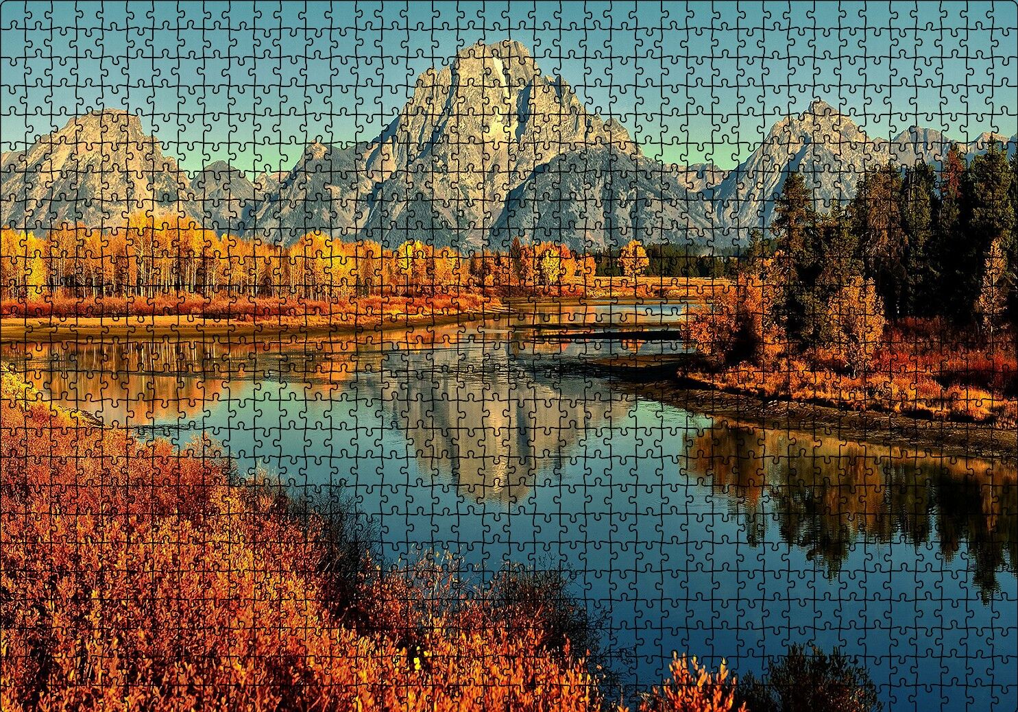 Sonbahar Renkleri, Nehir ve Çıplak Dağlar Puzzle Yapboz MDF Ahşap 1000 Parça 49 cm X 68 cm