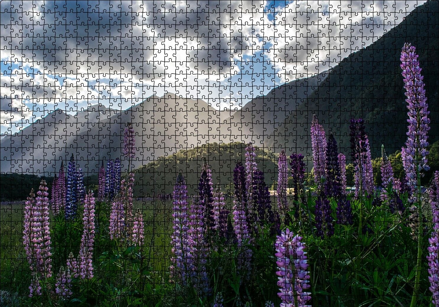 Sümbüller Çayırlar Dağlar ve Bulutlar Puzzle Yapboz MDF Ahşap 1000 Parça 49 cm X 68 cm