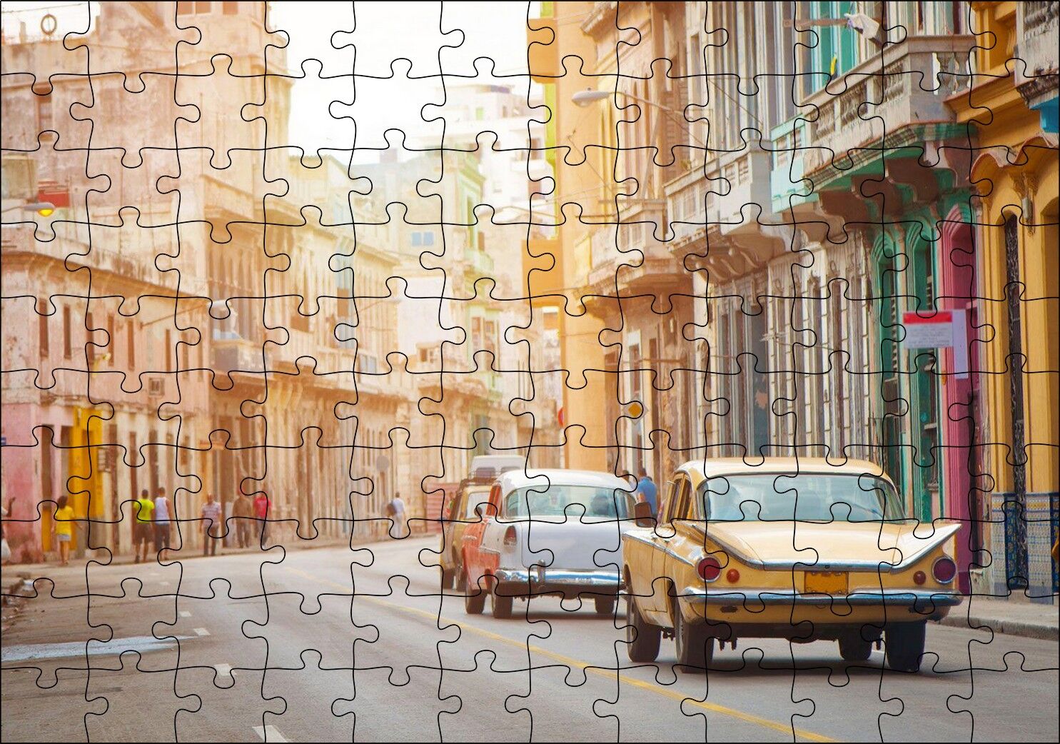 Küba'da Eski Binalar ve Klasik Arabalar Puzzle Yapboz MDF Ahşap