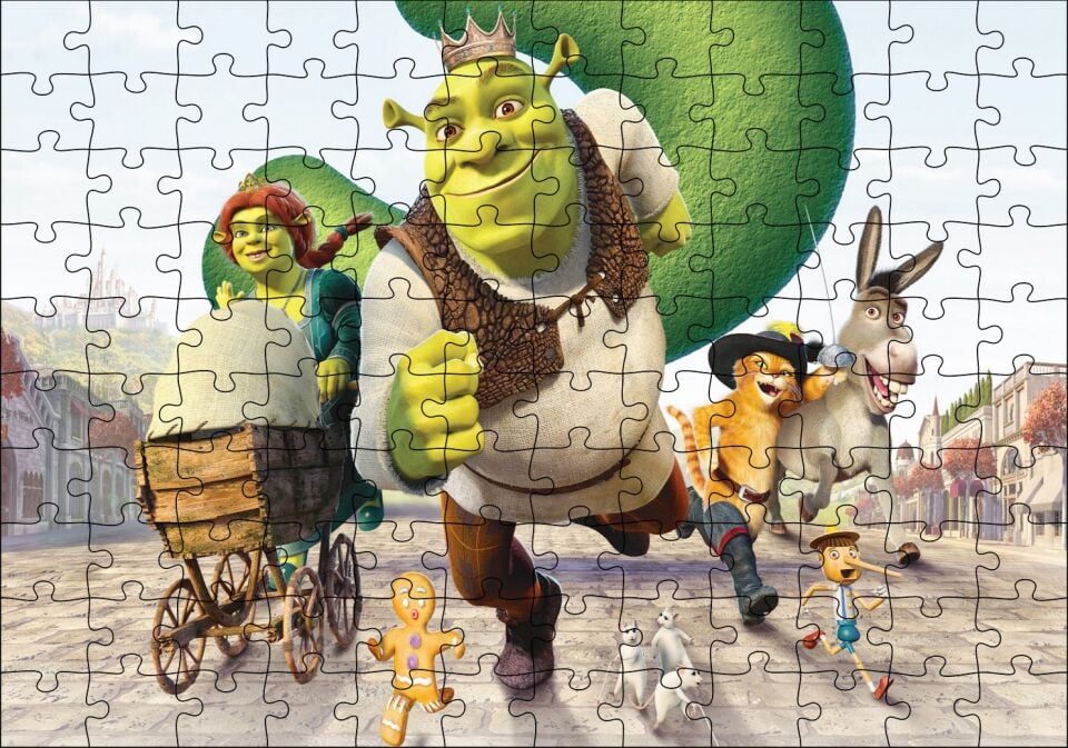 Shrek Karakterleri Çizgi Film Taç Bebek Arabası Kurabiye Puzzle Yapboz MDF Ahşap 120 Parça 24 cm X 34 cm