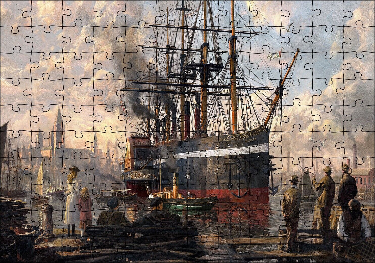 1800 Yılı Liman Gemi Yolcular Yağlı Boya Resmi Puzzle Yapboz MDF Ahşap