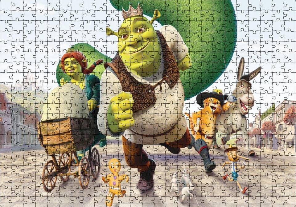 Shrek Karakterleri Çizgi Film Taç Bebek Arabası Kurabiye Puzzle Yapboz MDF Ahşap 500 Parça 49 cm X 68 cm
