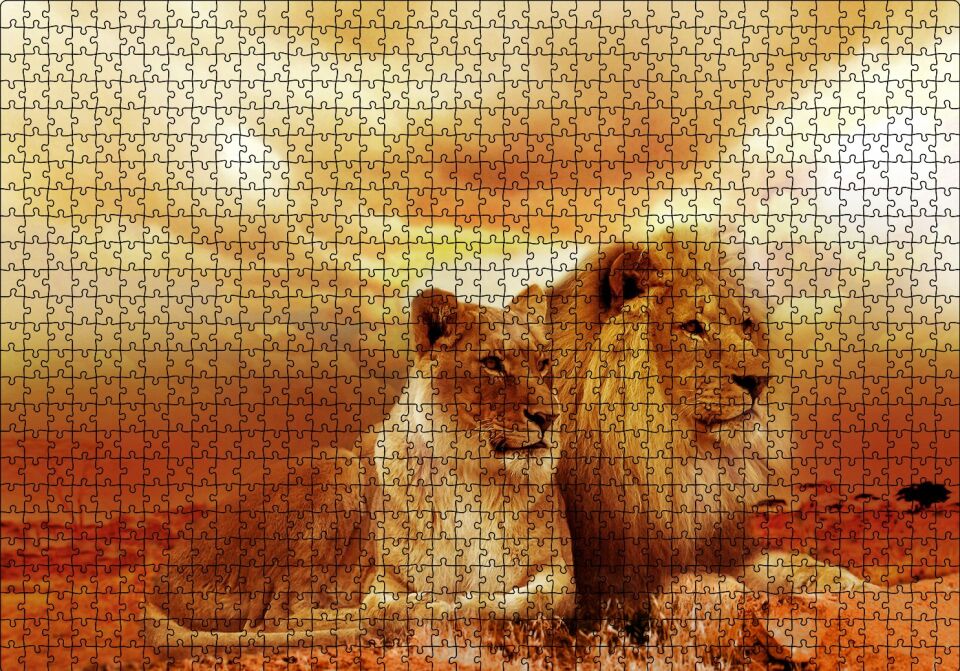 Günbatımında Aslan Çifti Puzzle Yapboz MDF Ahşap 1000 Parça 49 cm X 68 cm
