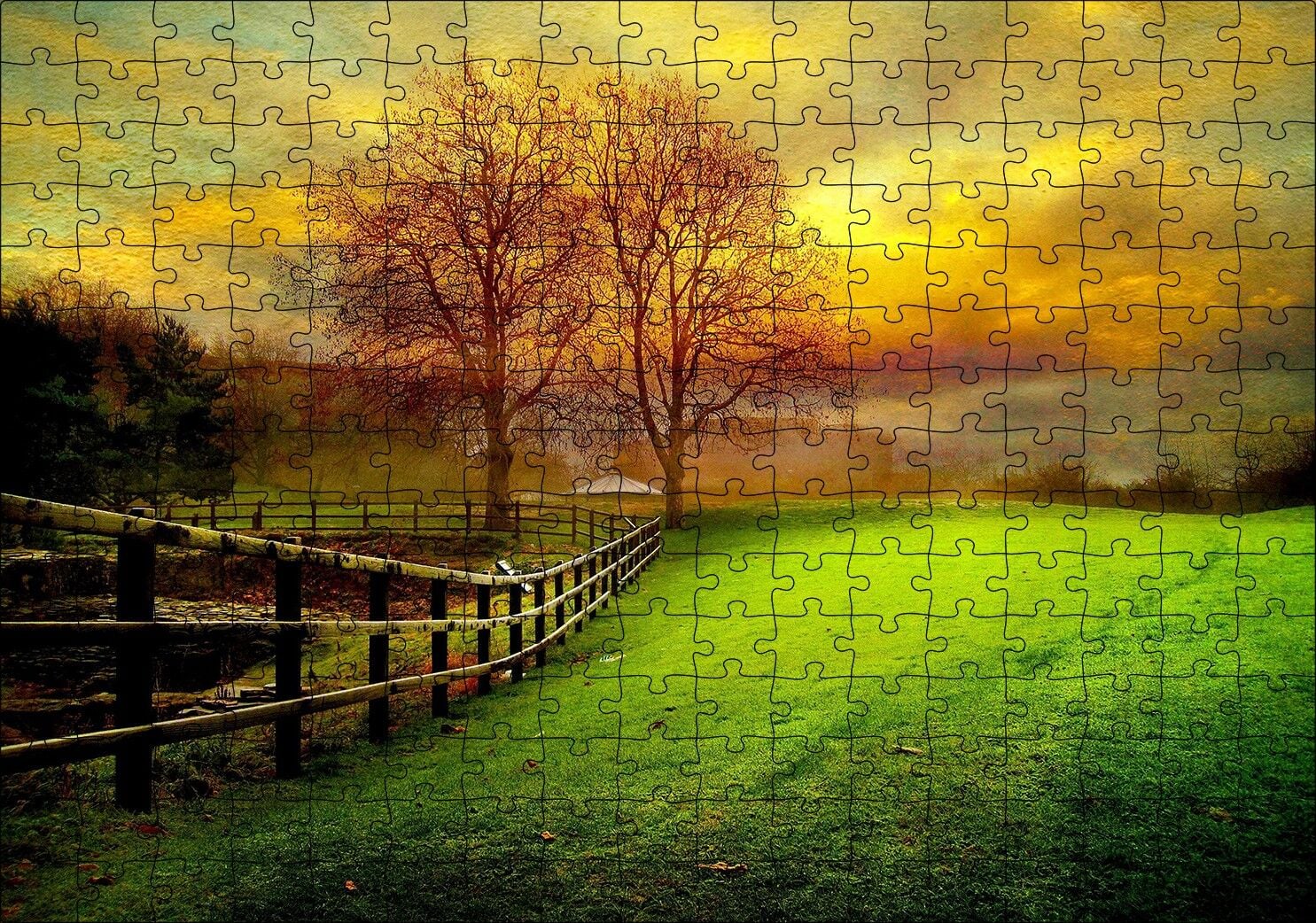 Manzara Çitler Ağaçlar Bulutlu Sarı Gökyüzü Puzzle Yapboz MDF Ahşap 255 Parça 34 cm X 49 cm