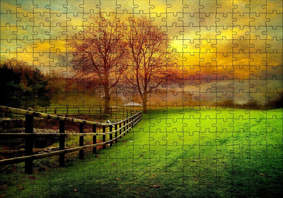 Manzara Çitler Ağaçlar Bulutlu Sarı Gökyüzü Puzzle Yapboz MDF Ahşap 255 Parça 34 cm X 49 cm