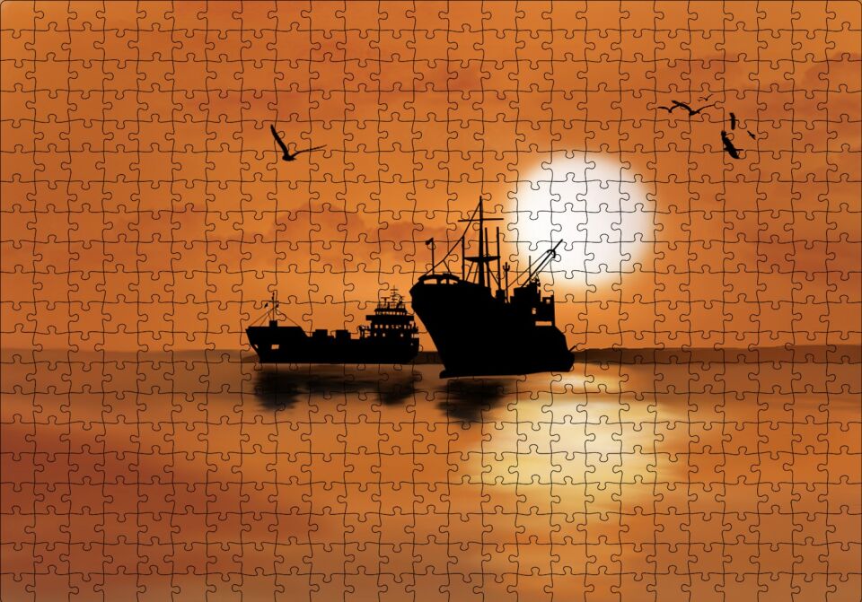 Günbatımında Balıkçı Tekneleri ve Martılar Puzzle Yapboz MDF Ahşap 500 Parça 49 cm X 68 cm