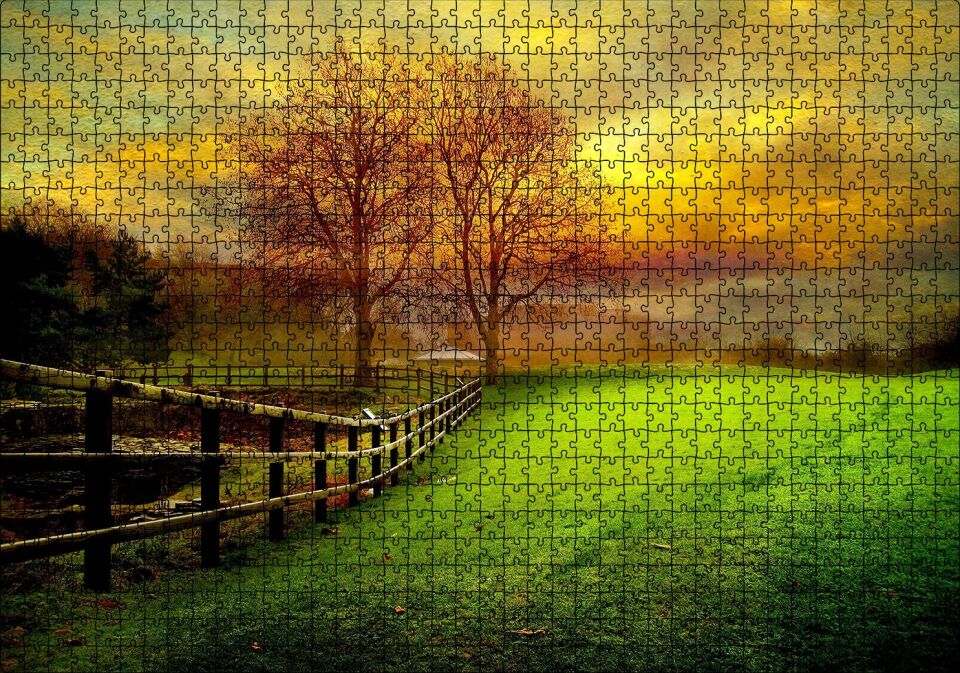 Manzara Çitler Ağaçlar Bulutlu Sarı Gökyüzü Puzzle Yapboz MDF Ahşap 1000 Parça 49 cm X 68 cm