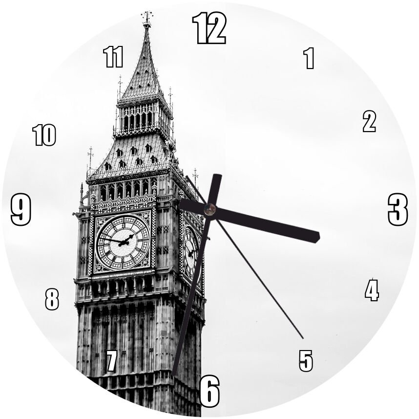 Londra Big Ben Saat Kulesi Siyah Beyaz Mdf Ahşap Duvar Saati 50 cm Çap