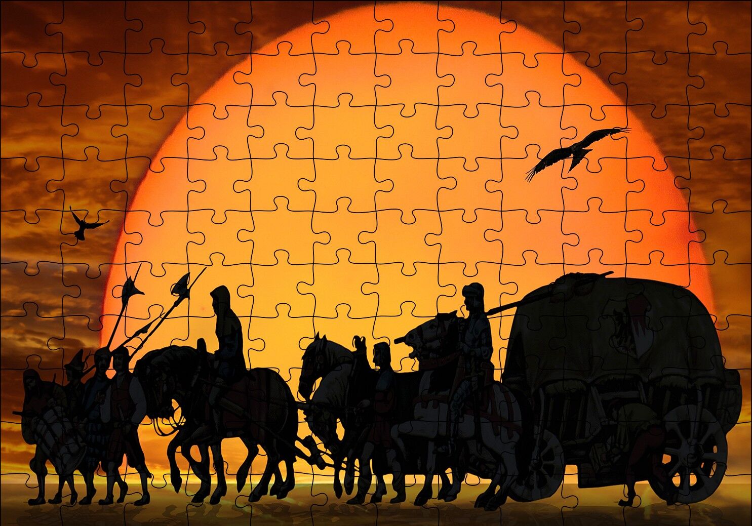 Günbatımında Kervan Silüeti ve Akbabalar Puzzle Yapboz MDF Ahşap 120 Parça 24 cm X 34 cm
