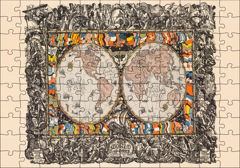 Dünya Haritası Ülke Bayrakları Ve Tarihi Figür Görseli Puzzle Yapboz MDF Ahşap 120 Parça 24 cm X 34 cm