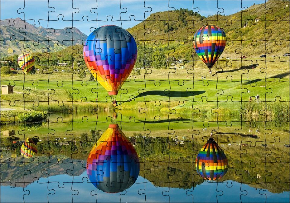 Uçan Balon Ve Yolcuları Görseli Puzzle Yapboz MDF Ahşap 120 Parça 24 cm X 34 cm