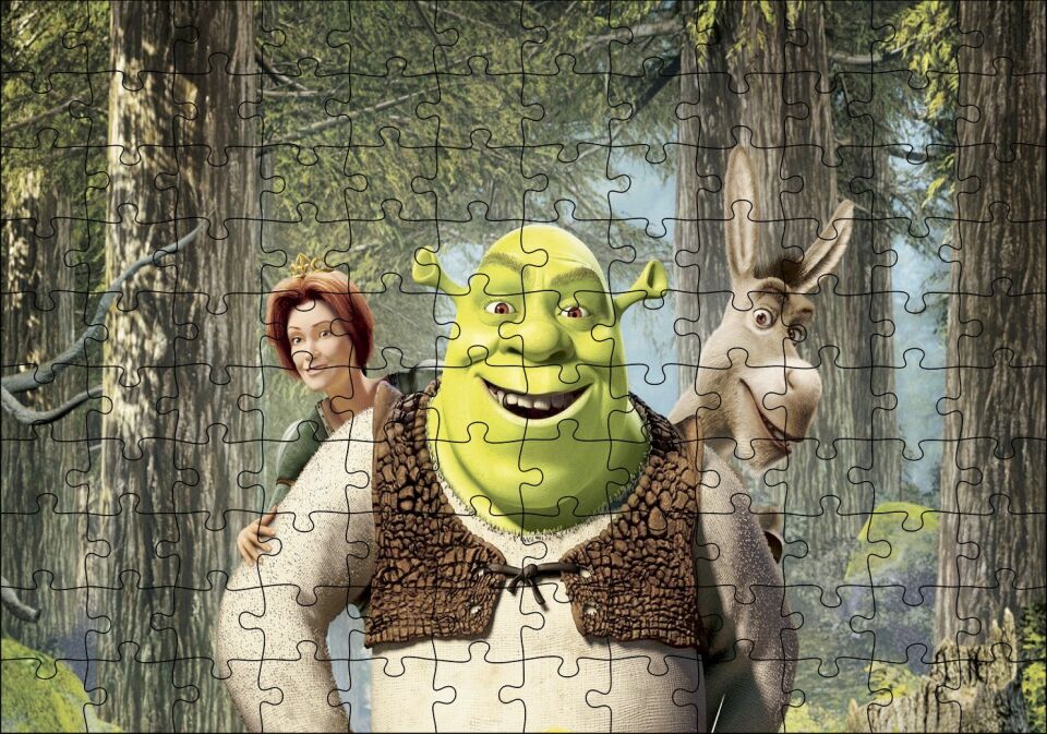 shrek ve fiona prens Eşek Görseli Puzzle Yapboz MDF Ahşap 120 Parça 24 cm X 34 cm