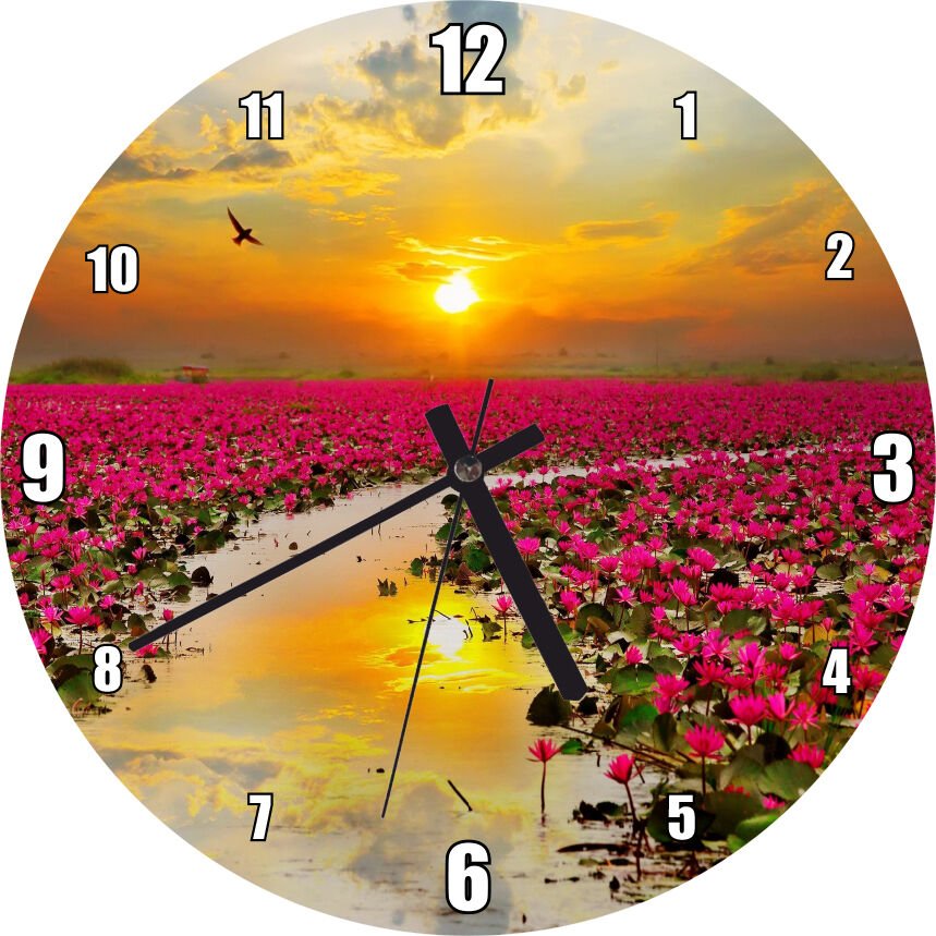 Günbatımında Gölde Pembe Çiçekler Mdf Ahşap Duvar Saati 30 cm Çap