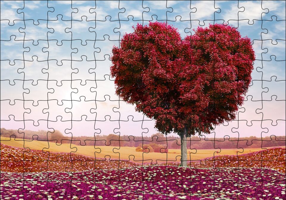 Kalp Şeklinde Ağaç Kızıl Yapraklar Puzzle Yapboz MDF Ahşap