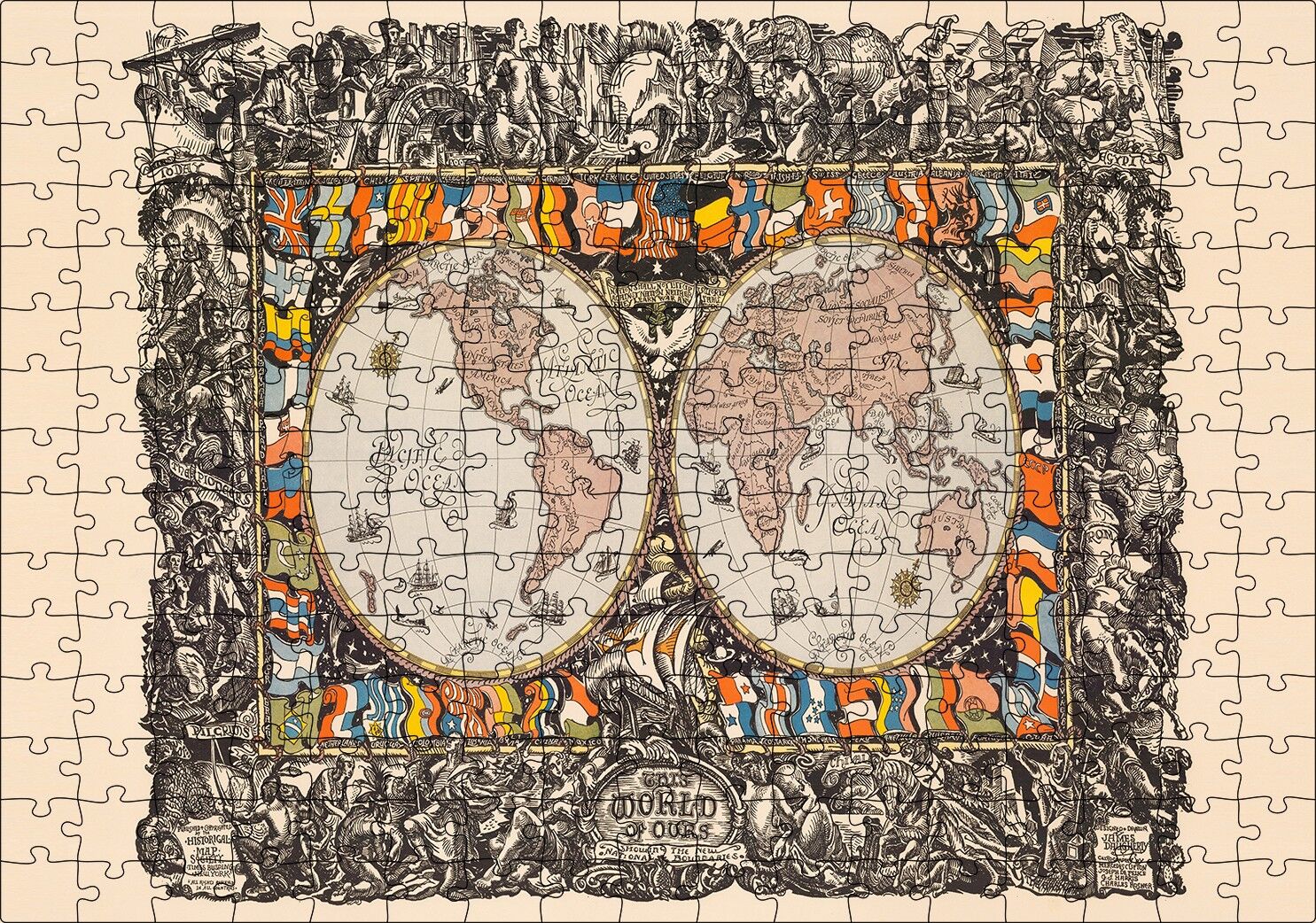 Dünya Haritası Ülke Bayrakları Ve Tarihi Figür Görseli Puzzle Yapboz MDF Ahşap 255 Parça 34 cm X 49 cm