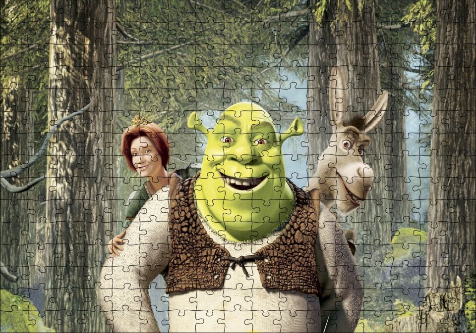 shrek ve fiona prens Eşek Görseli Puzzle Yapboz MDF Ahşap 255 Parça 34 cm X 49 cm