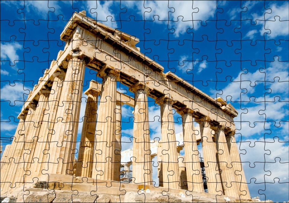 Yunanistan Tapınak Harabeleri ve Bulutlar Puzzle Yapboz MDF Ahşap