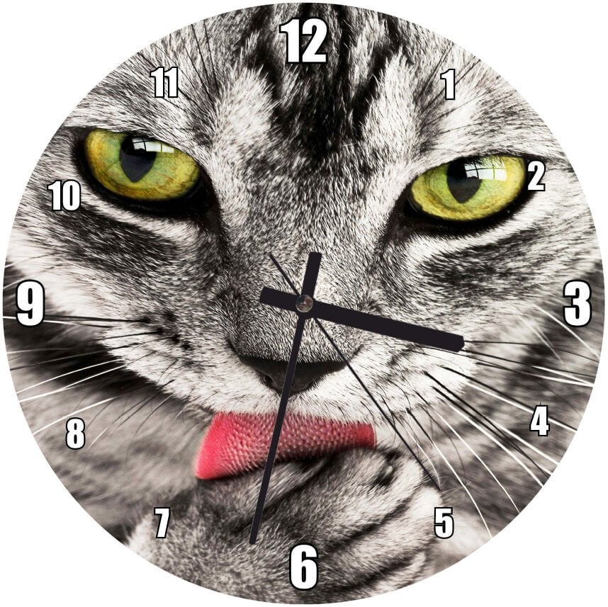 Patilerini Yalayan Kedi Yakın Çekim Mdf Ahşap Duvar Saati 30 cm Çap