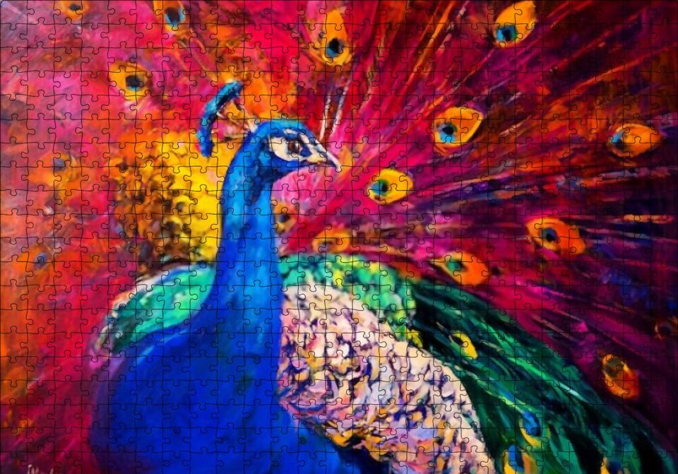 Boyama Tavus Kuşu Görseli Puzzle Yapboz MDF Ahşap 500 Parça 49 cm X 68 cm