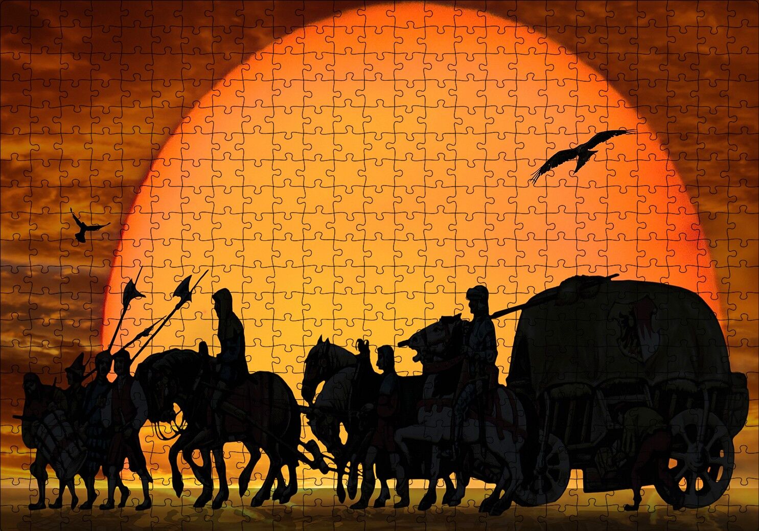 Günbatımında Kervan Silüeti ve Akbabalar Puzzle Yapboz MDF Ahşap 500 Parça 49 cm X 68 cm