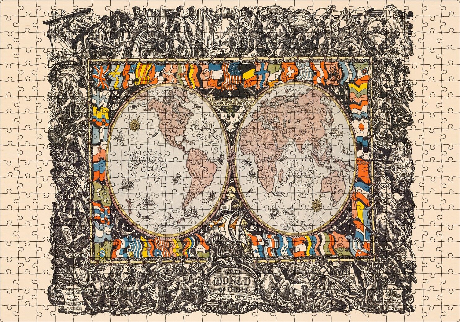 Dünya Haritası Ülke Bayrakları Ve Tarihi Figür Görseli Puzzle Yapboz MDF Ahşap 500 Parça 49 cm X 68 cm