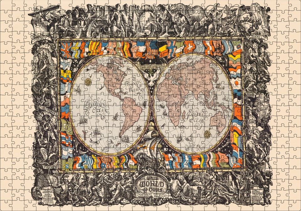 Dünya Haritası Ülke Bayrakları Ve Tarihi Figür Görseli Puzzle Yapboz MDF Ahşap 500 Parça 49 cm X 68 cm
